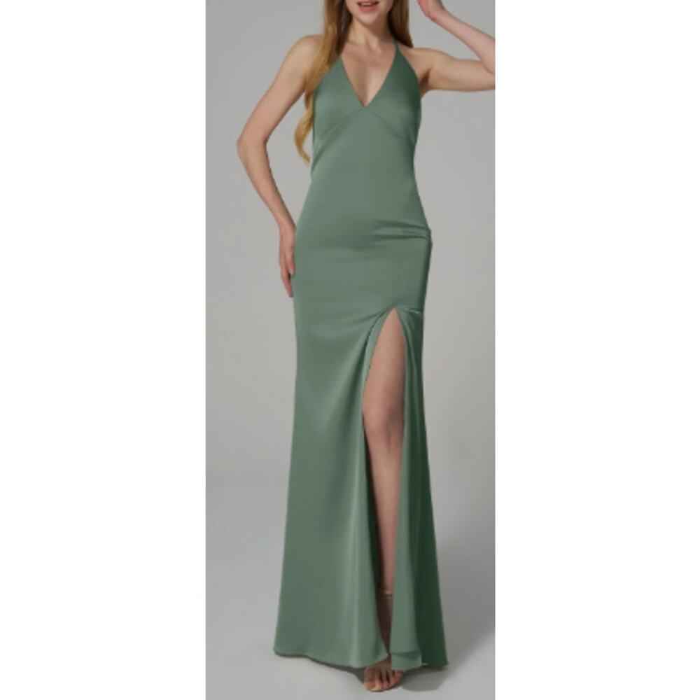 V-Neck Sage Green Maxi Dress with High Slit